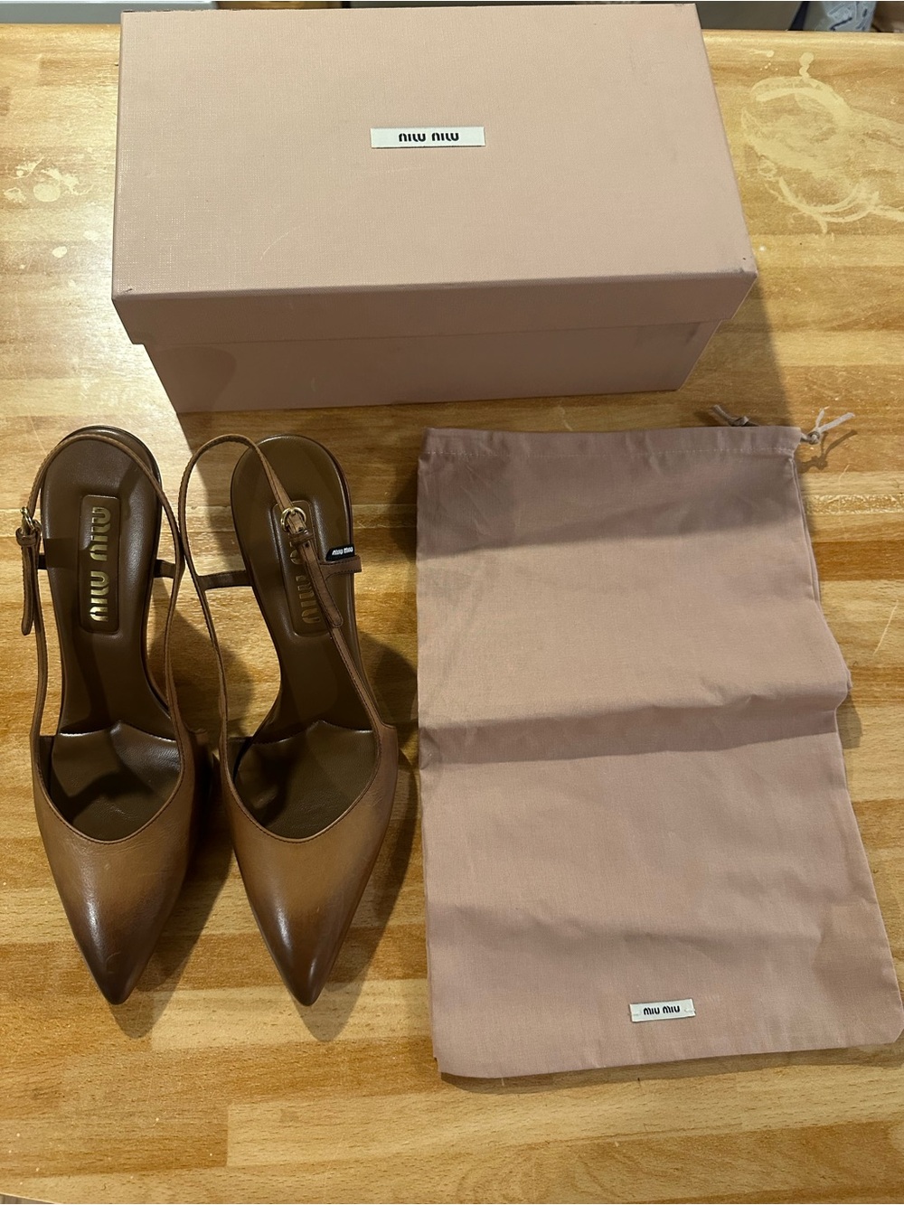 Miu Miu Tan Brown Leather Slingback Pointed-Toe Heels - Picture 5 of 13